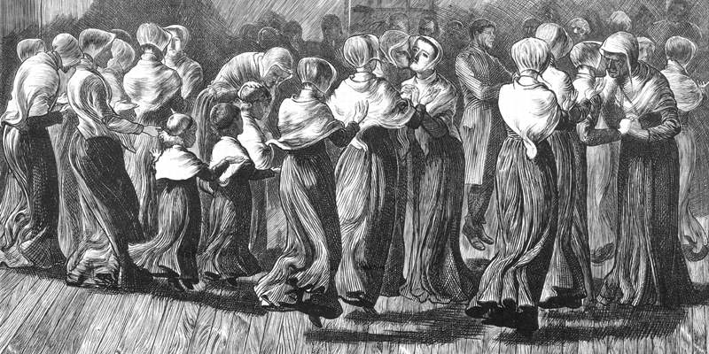 Czarno-biała ilustracja przedstawiająca taniec towarzyski w dawnych czasach